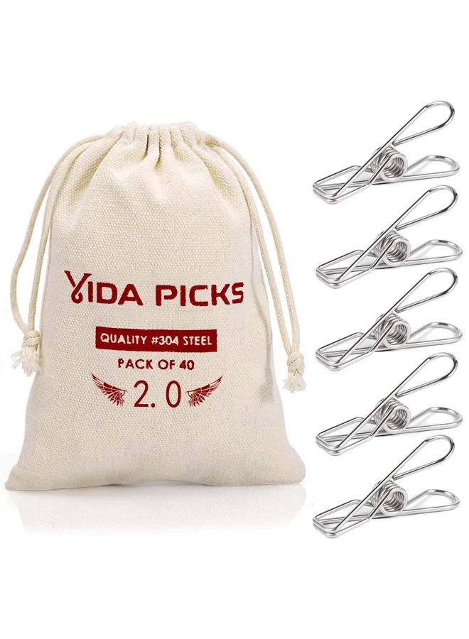 Vida Picks 40 Pack Wire Clothes Pins Heavy Duty Outdoor, Stainless Steel ClothesPins for Hanging Clothes, Metal Clothes Pegs, Clothing Clips, Laundry Pins 2.0mm Diameter 6cm Long - Image 1