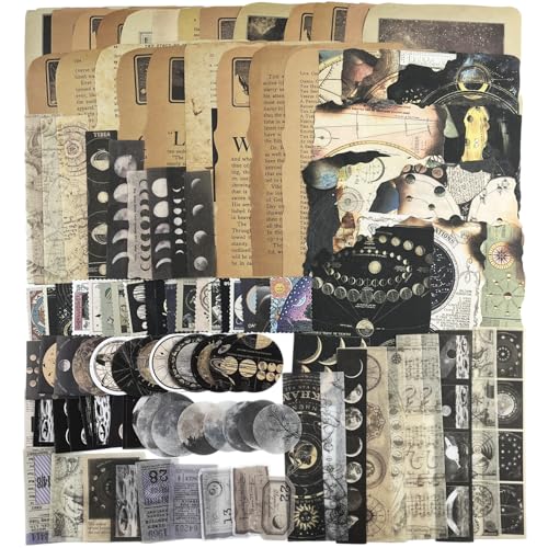 Jukercici Vintage Aesthetic Scrapbook Supplies Kit with Scrapbook Paper Stickers for Scrapbooking DIY Albums Junk Journals Bullet Journals Celestial Universe Planets Space Collage Decor Dark4 125 Pcs - Image 1