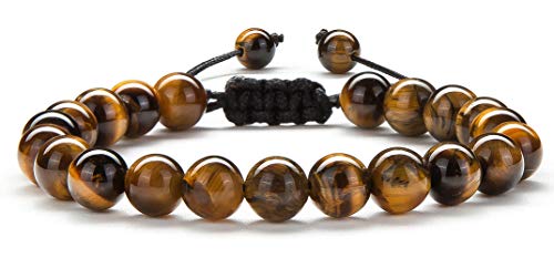 Hamoery Men Women 8mm Tiger Eye Stone Beads Bracelet Braided Rope Natural Stone Yoga Bracelet Bangle(Tiger Eye Stone) - Image 1