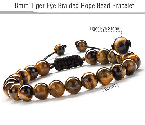 Hamoery Men Women 8mm Tiger Eye Stone Beads Bracelet Braided Rope Natural Stone Yoga Bracelet Bangle(Tiger Eye Stone) - Image 2