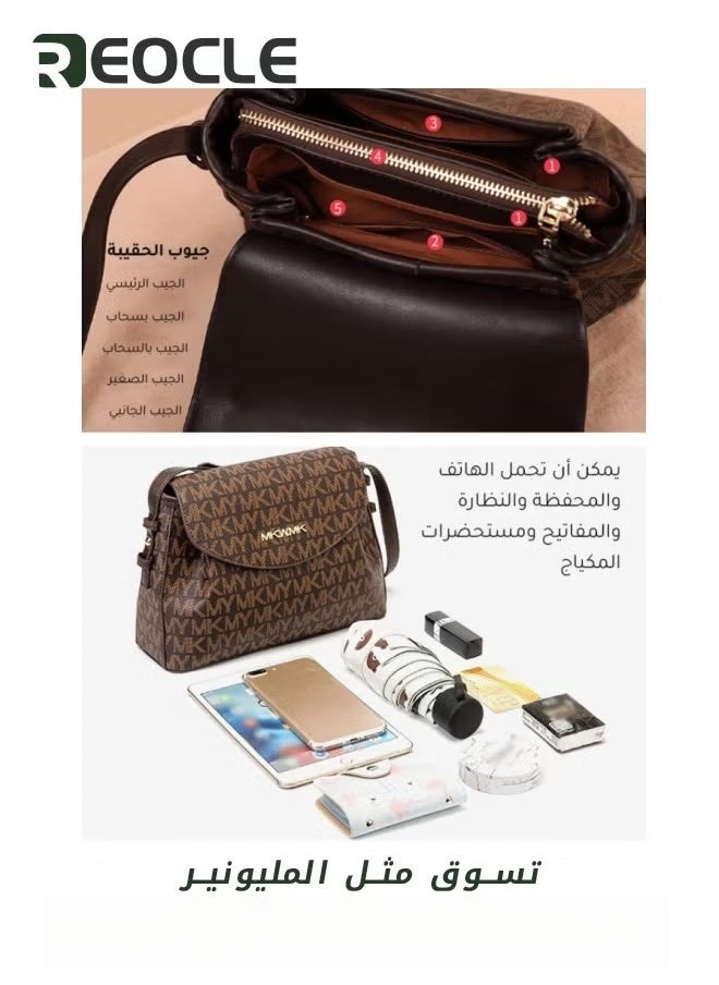 REOCLE Lady Luxury Retro Letter Diagonal Shoulder Bag PU Leather Span Bag Large Capacity Fashionable and Versatile Crossbody Bag - Image 5