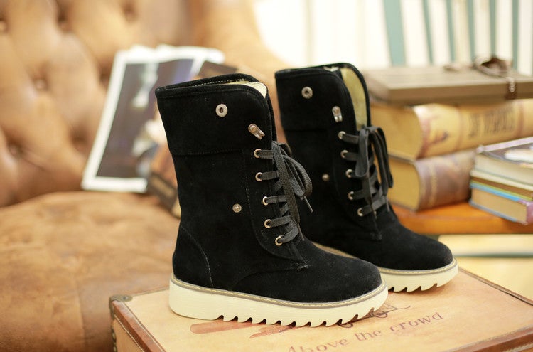 Winter Women'S Boots Low Heel Frosted Leather Thick Plush Mid-Calf Boots Snow Boots Plus Size Women'S Shoes 40-43 - Image 1