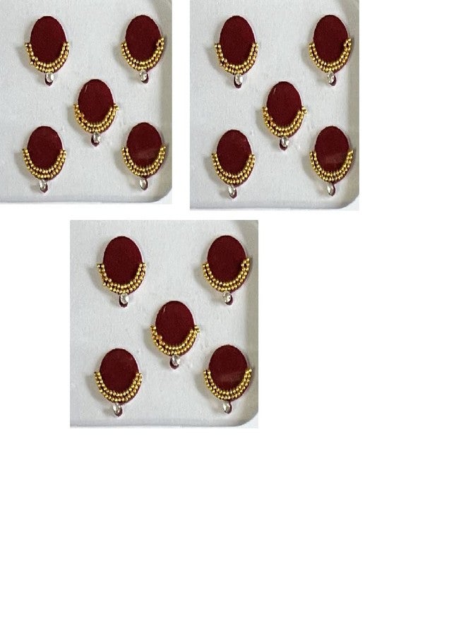 OJ Golden Round Shape 2 line Moti Stone Bindi for Kumkum Sindoor Bindiya Tika Tilak Sticker Bridal Bindis for Wedding Occasional Simple Forehead for Girls & Womens -Size 7 Pack of 3
