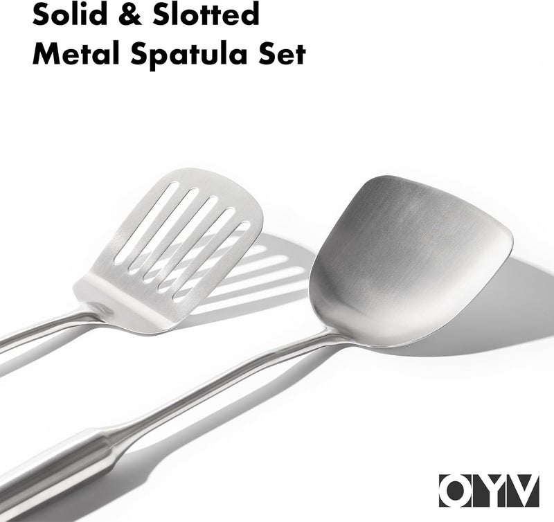 OYV Pack of 2 Wok Spatula, Solid & Slotted metal Spatula Set, 304 Stainless Steel Kitchen Utensils for Cooking Fish, Eggs, Pancakes, Wok, 14.6 inch Turner Spatulas. - Image 4