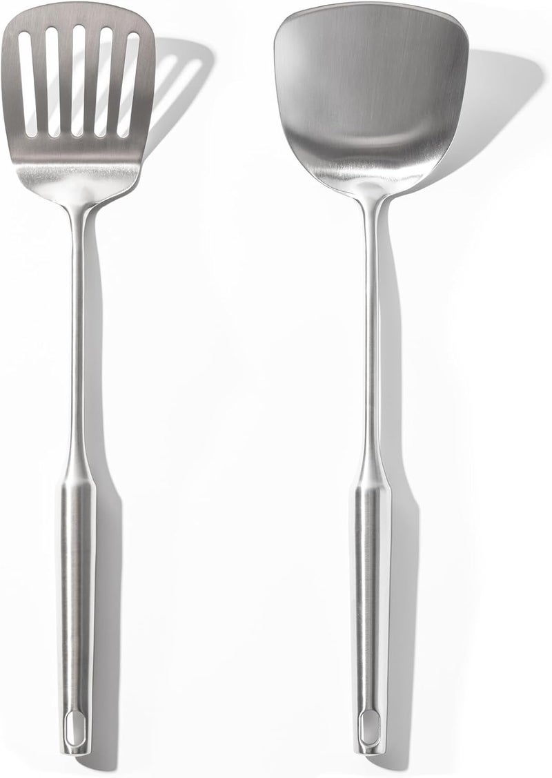 OYV Pack of 2 Wok Spatula, Solid & Slotted metal Spatula Set, 304 Stainless Steel Kitchen Utensils for Cooking Fish, Eggs, Pancakes, Wok, 14.6 inch Turner Spatulas. - Image 1