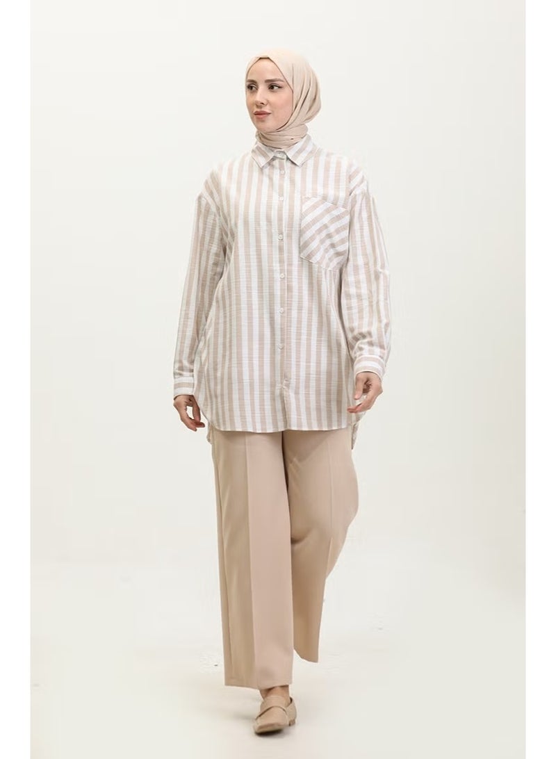 Sefa Merve Linen Blend Striped Shirt 4817-03 Mink - Image 2