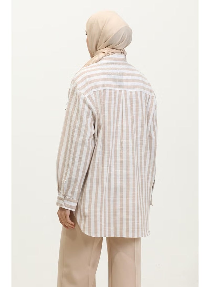 Sefa Merve Linen Blend Striped Shirt 4817-03 Mink - Image 5