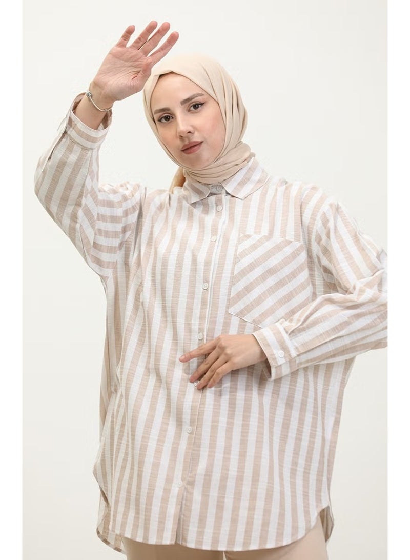 Sefa Merve Linen Blend Striped Shirt 4817-03 Mink - Image 1