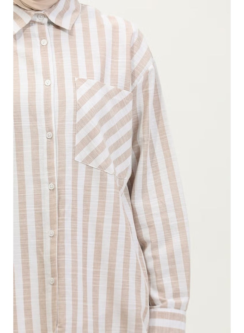 Sefa Merve Linen Blend Striped Shirt 4817-03 Mink - Image 4