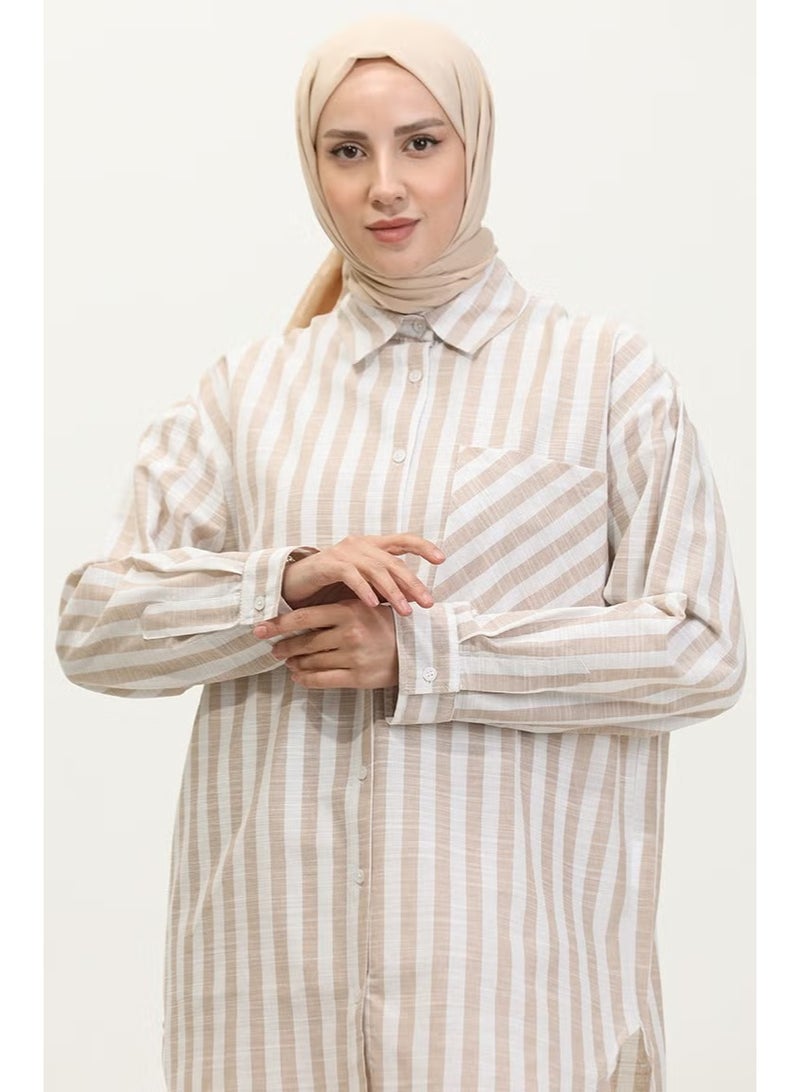 Sefa Merve Linen Blend Striped Shirt 4817-03 Mink - Image 3