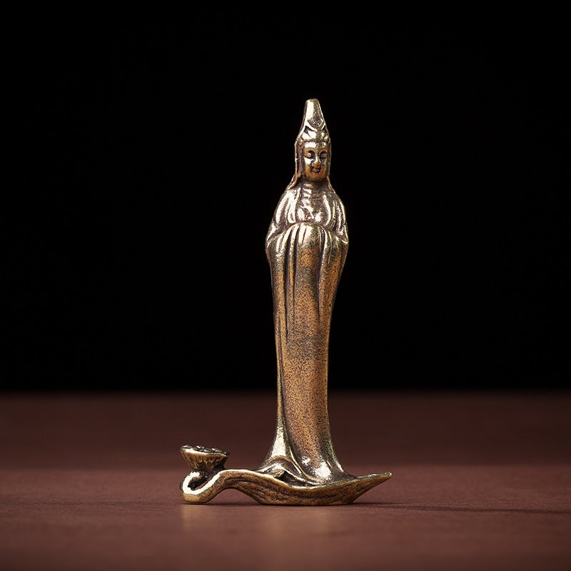 Solid Pure Yellow Copper Office Desk Ornament Lotus Flower Buddha Ancient Copper Tea Pet Craft Small Gift Handheld Bottle Brass-Guanyin incense plug 