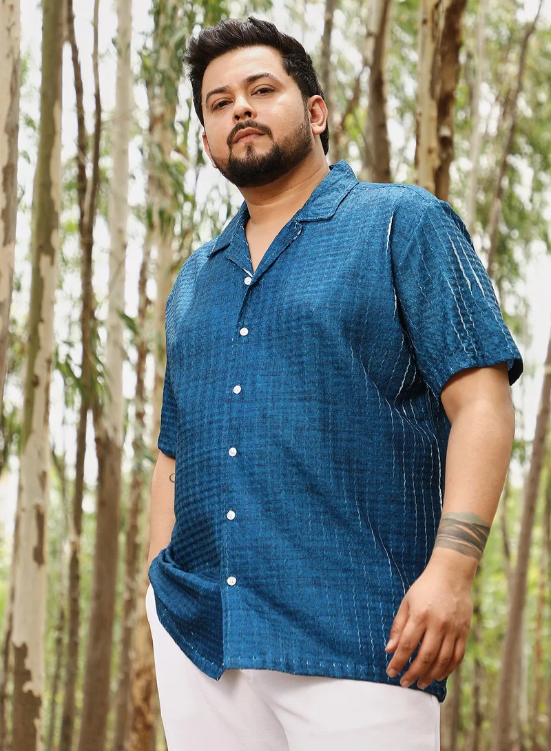 Instafab Plus Instafab Men's Electric Blue Dye-Textured Cuban Oversized Shirt | Cuban Collar , Short Regular Sleeves , Button Closure | Solid Textured | Shirt For Casual Wear