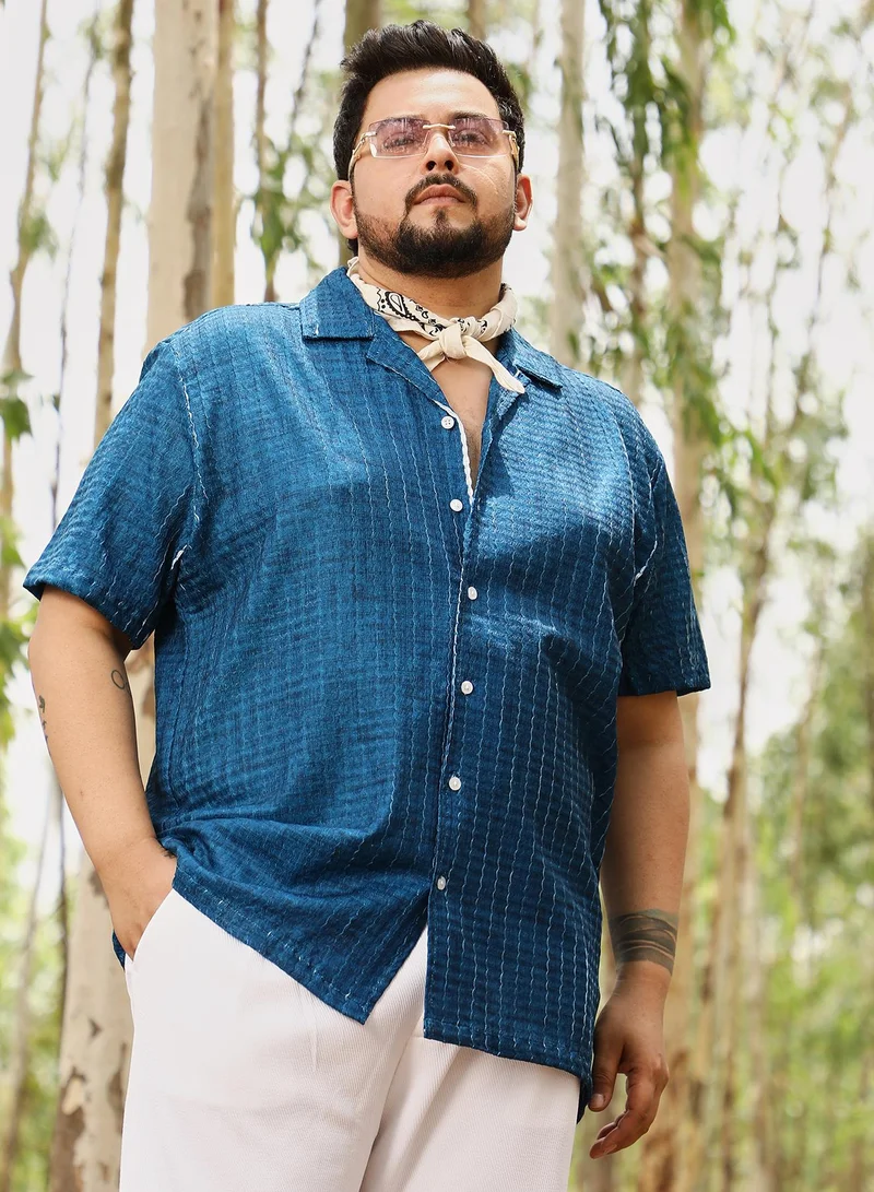 انستافاب بلس Instafab Men's Electric Blue Dye-Textured Cuban Oversized Shirt | Cuban Collar , Short Regular Sleeves , Button Closure | Solid Textured | Shirt For Casual Wear