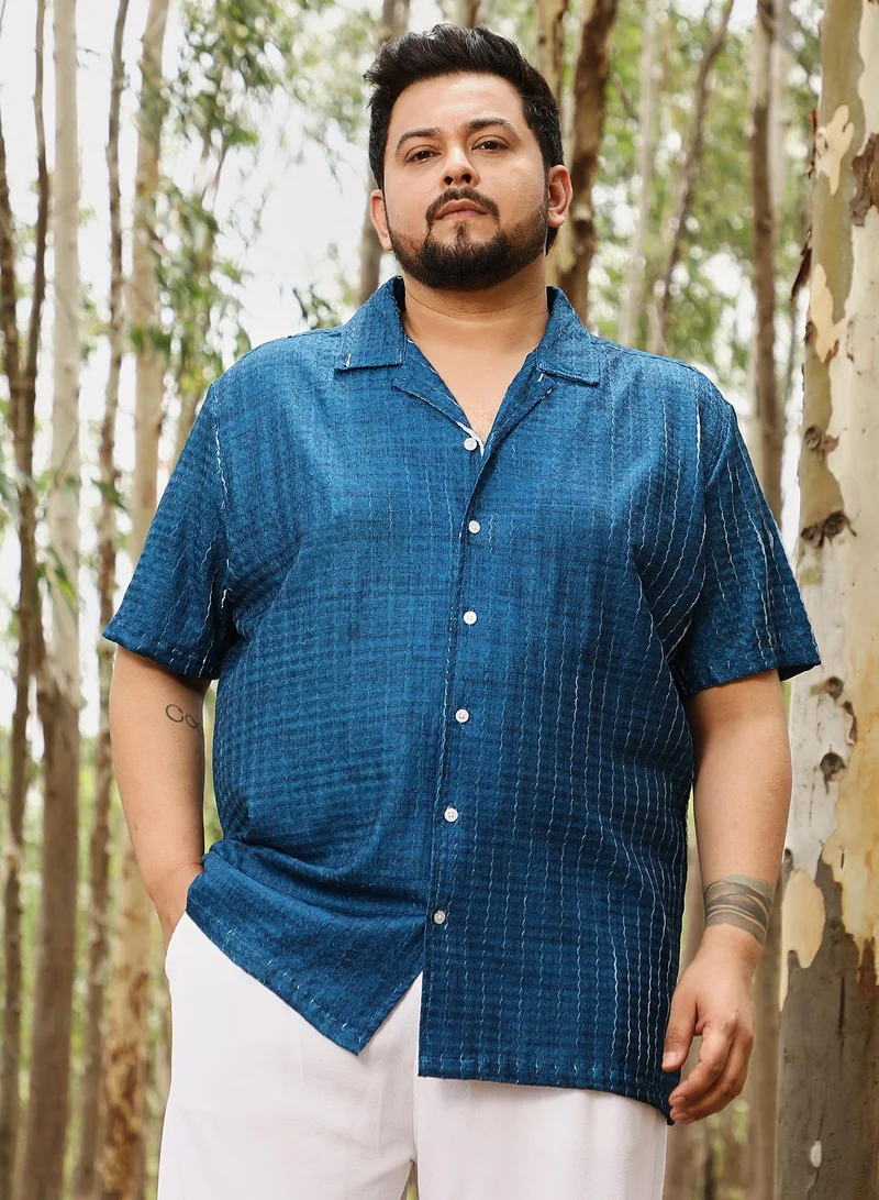 انستافاب بلس Instafab Men's Electric Blue Dye-Textured Cuban Oversized Shirt | Cuban Collar , Short Regular Sleeves , Button Closure | Solid Textured | Shirt For Casual Wear