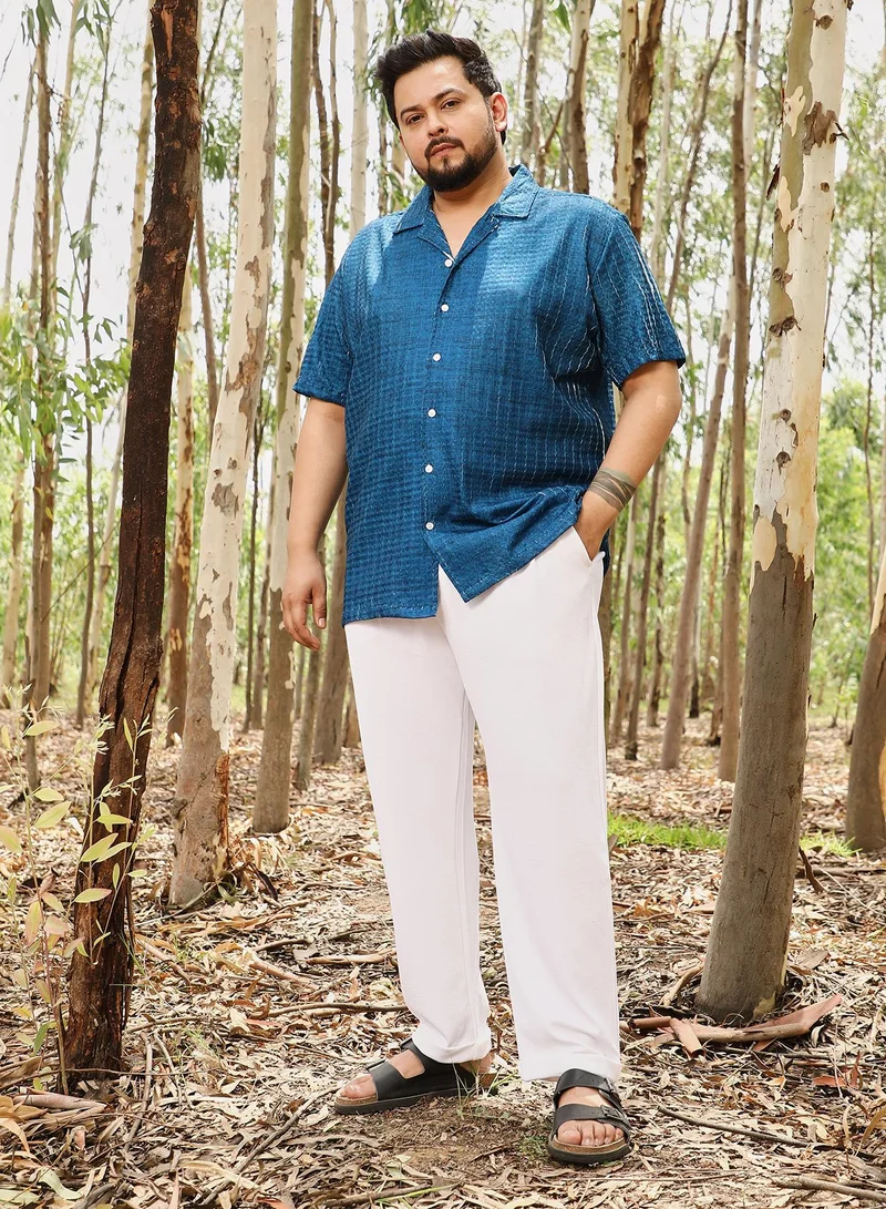 Instafab Plus Instafab Men's Electric Blue Dye-Textured Cuban Oversized Shirt | Cuban Collar , Short Regular Sleeves , Button Closure | Solid Textured | Shirt For Casual Wear