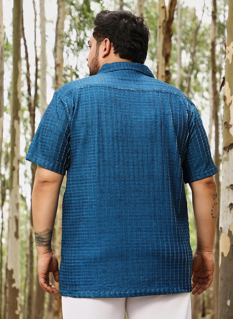 Instafab Plus Instafab Men's Electric Blue Dye-Textured Cuban Oversized Shirt | Cuban Collar , Short Regular Sleeves , Button Closure | Solid Textured | Shirt For Casual Wear