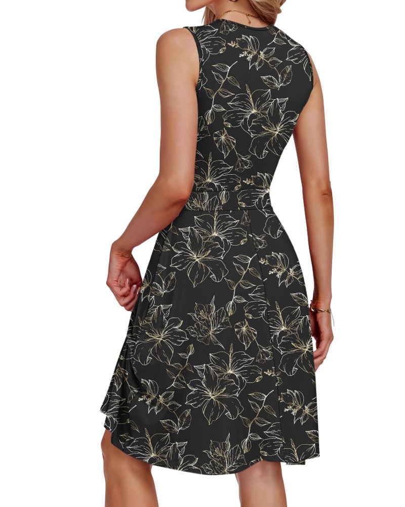AUSELILY Sun Dresses for Women 2026 Vacation Sleeveless V Neck Wrap Black Dress with Pockets, Black Gold Leaf M - Image 4