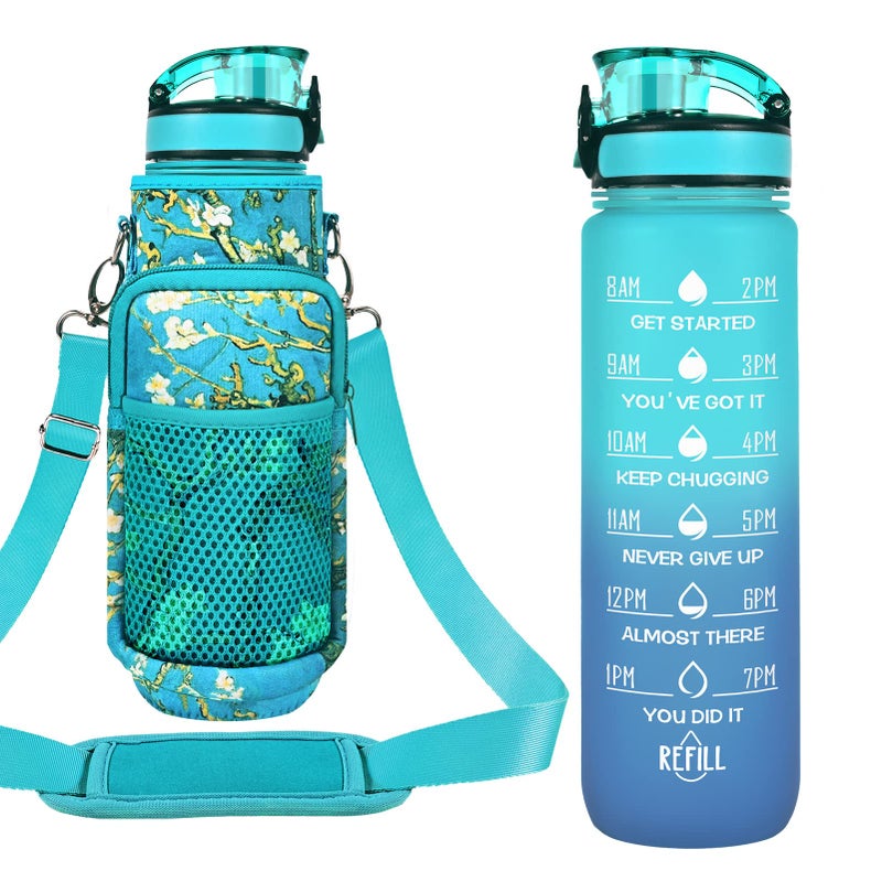 Newfad 32 oz Water Bottles with Straw & Strap  Motivational Water Bottles with Times to Drink  BPA Free Reusable Sports Water Bottle with Sleeve Carrier for Hiking  Travel  Running or Fitness (Mars Green) - Image 1