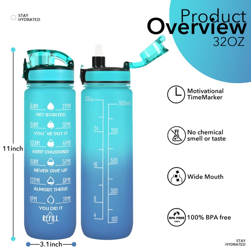 Newfad 32 oz Water Bottles with Straw & Strap  Motivational Water Bottles with Times to Drink  BPA Free Reusable Sports Water Bottle with Sleeve Carrier for Hiking  Travel  Running or Fitness (Mars Green) - Image 2