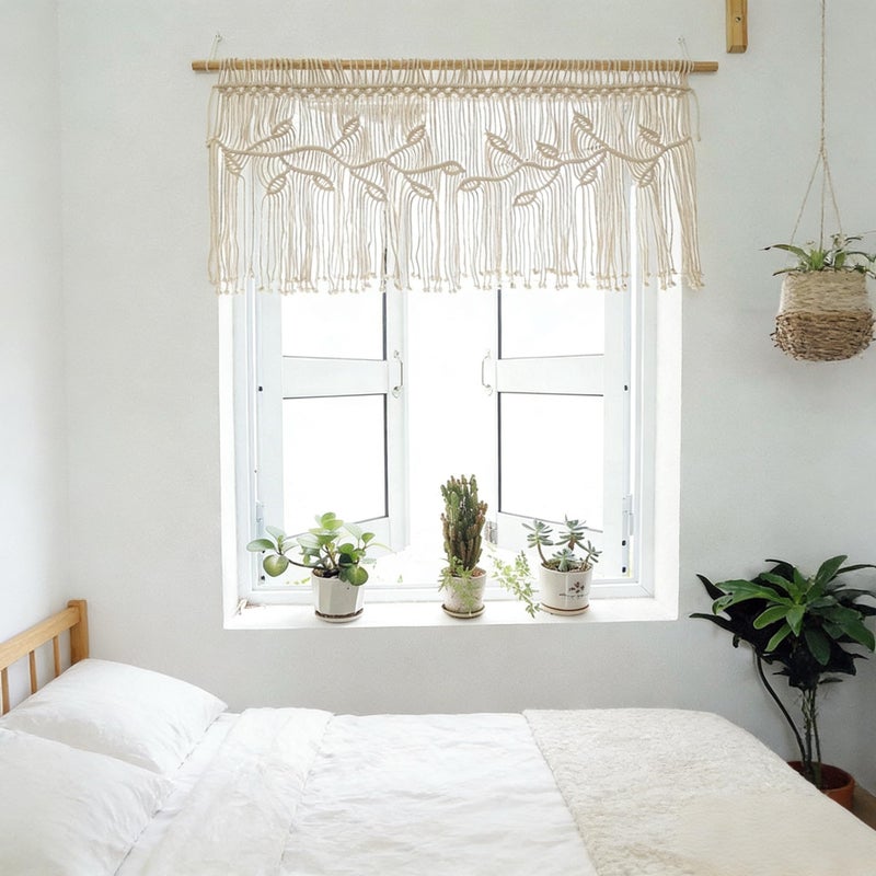 M MANUAL Macrame Valance Curtain for Kichen Windows 35.43*23.62Inch Farmhouse Boho Curtains for Bedroom Window Valance with Tassels Leaf Valance Treatments for Bedroom Livingroom Kitchen Bathroom Wall Decor - Image 4