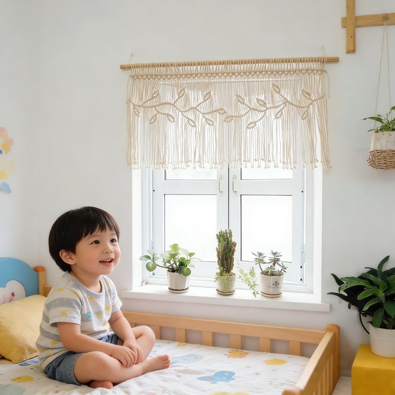 M MANUAL Macrame Valance Curtain for Kichen Windows 35.43*23.62Inch Farmhouse Boho Curtains for Bedroom Window Valance with Tassels Leaf Valance Treatments for Bedroom Livingroom Kitchen Bathroom Wall Decor - Image 5