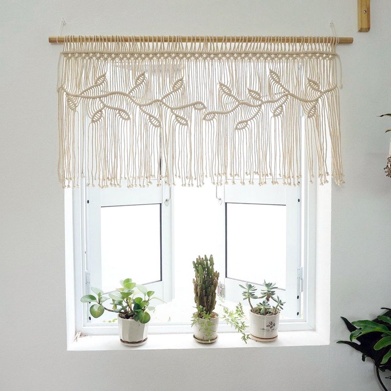 M MANUAL Macrame Valance Curtain for Kichen Windows 35.43*23.62Inch Farmhouse Boho Curtains for Bedroom Window Valance with Tassels Leaf Valance Treatments for Bedroom Livingroom Kitchen Bathroom Wall Decor - Image 1
