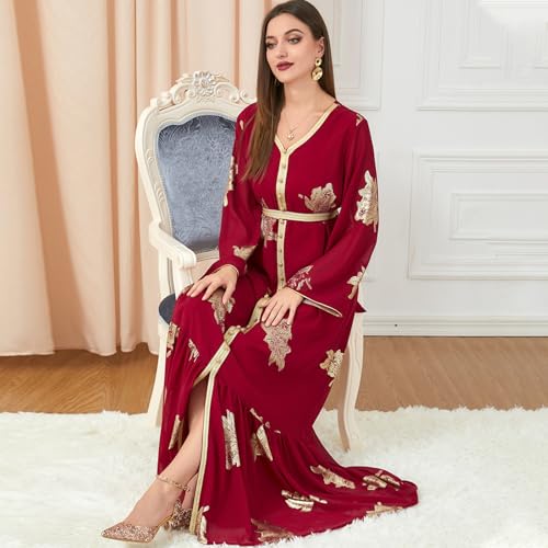 OBEEII Womens Moroccan Muslim Abaya Dress Elegant Floral Embroidery Kaftan Maxi Dress Islamic Wedding Guest Dress Dubai Long Sleeve Ramadan Prayer Clothes Evening Robe Dress Red M - Image 3