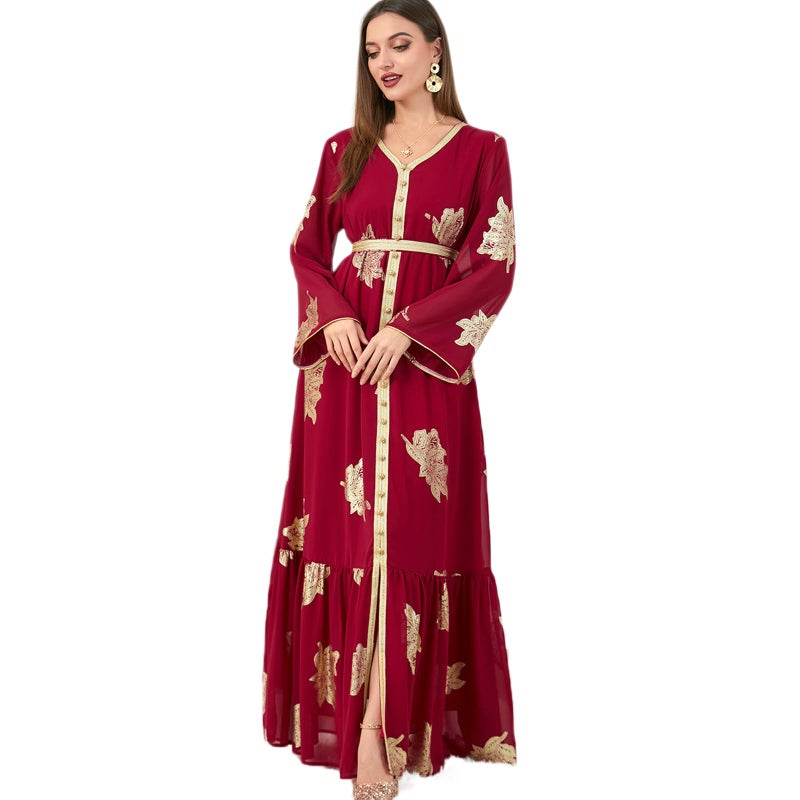 OBEEII Womens Moroccan Muslim Abaya Dress Elegant Floral Embroidery Kaftan Maxi Dress Islamic Wedding Guest Dress Dubai Long Sleeve Ramadan Prayer Clothes Evening Robe Dress Red M - Image 2