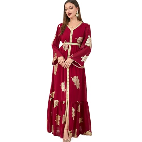 OBEEII Womens Moroccan Muslim Abaya Dress Elegant Floral Embroidery Kaftan Maxi Dress Islamic Wedding Guest Dress Dubai Long Sleeve Ramadan Prayer Clothes Evening Robe Dress Red M - Image 1