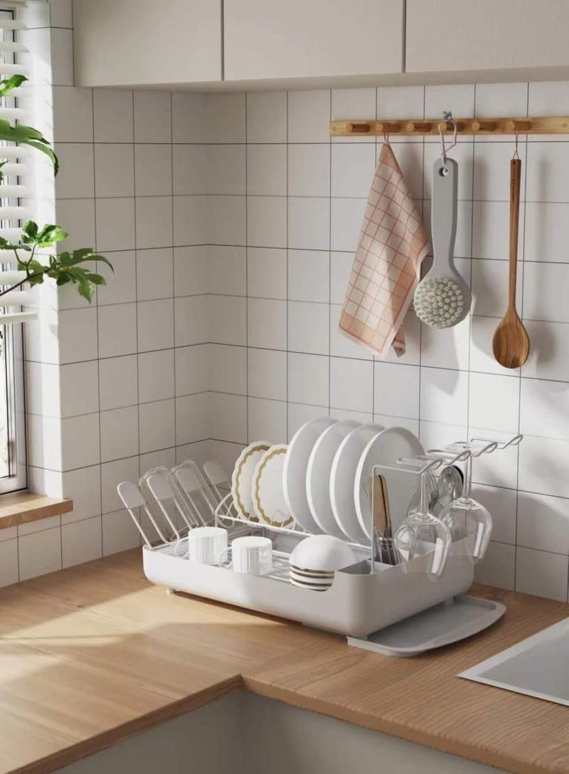 Home-Cloud HomeCloud 2-Tier Dish Rack with Pull-Out Drain Tray | Large Capacity Dish Organizer with Cutlery & Wine Glass Holders | Kitchen Countertop Storage – 46x28x8cm (Glass Holder_White) - Image 2