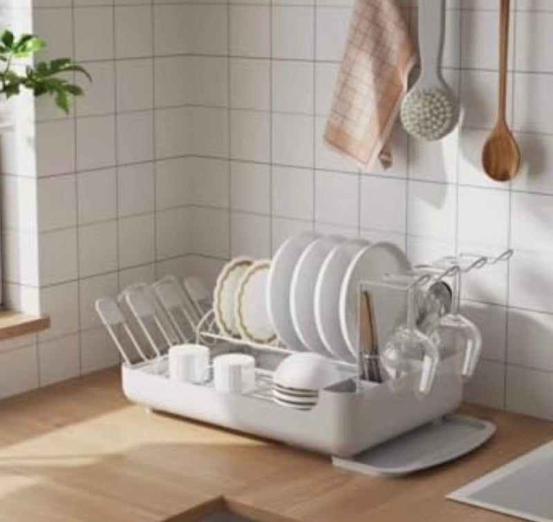 Home-Cloud HomeCloud 2-Tier Dish Rack with Pull-Out Drain Tray | Large Capacity Dish Organizer with Cutlery & Wine Glass Holders | Kitchen Countertop Storage – 46x28x8cm (Glass Holder_White) - Image 4