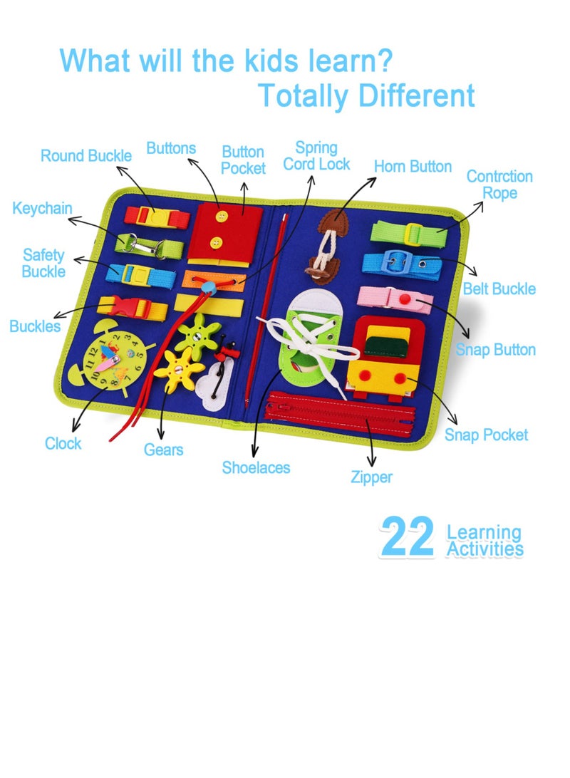 Busy Board Montessori Toys for Toddlers, Sensory Toys Gifts for 1 2 3 4 Year Old Girls & Boys Preschool Autistic Children Activities Educational Travel Toy Kids Learning Basic Dress Skills (Blue) - Image 3