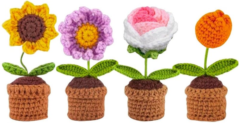 Yangshine 4 Pack Mini Artificial Flowers in Potted Handmade Crochet Sunflower Daisy Tulip for Home Office Car Color #10 - Image 1