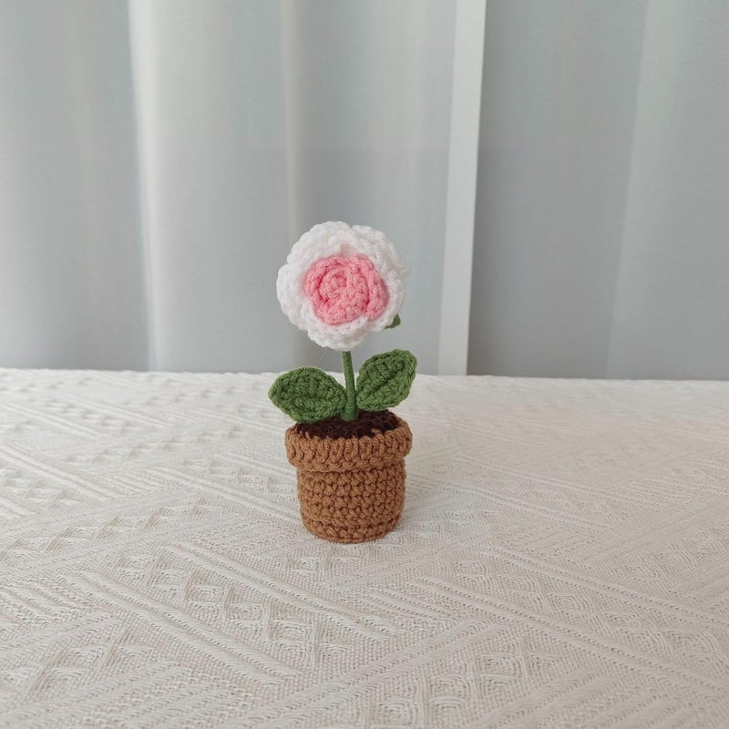 Yangshine 4 Pack Mini Artificial Flowers in Potted Handmade Crochet Sunflower Daisy Tulip for Home Office Car Color #10 - Image 5