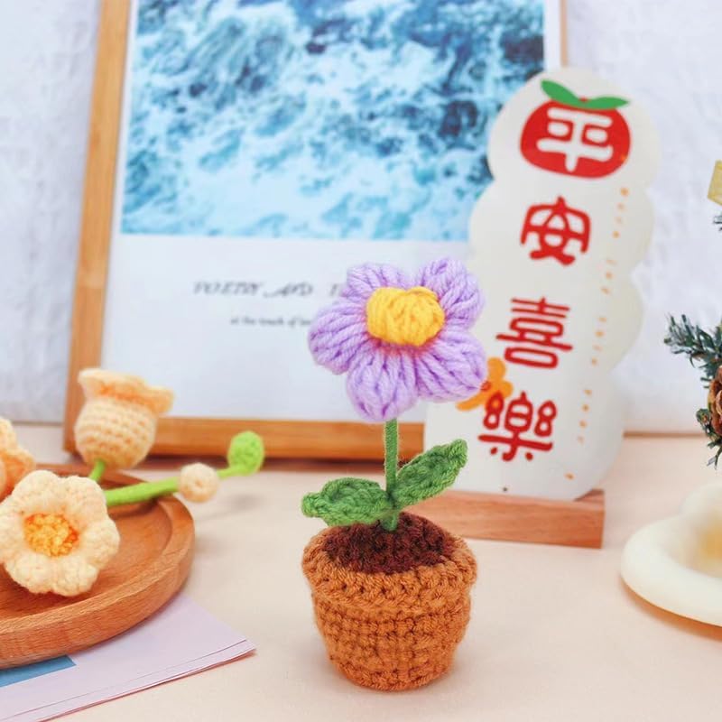 Yangshine 4 Pack Mini Artificial Flowers in Potted Handmade Crochet Sunflower Daisy Tulip for Home Office Car Color #10 - Image 4
