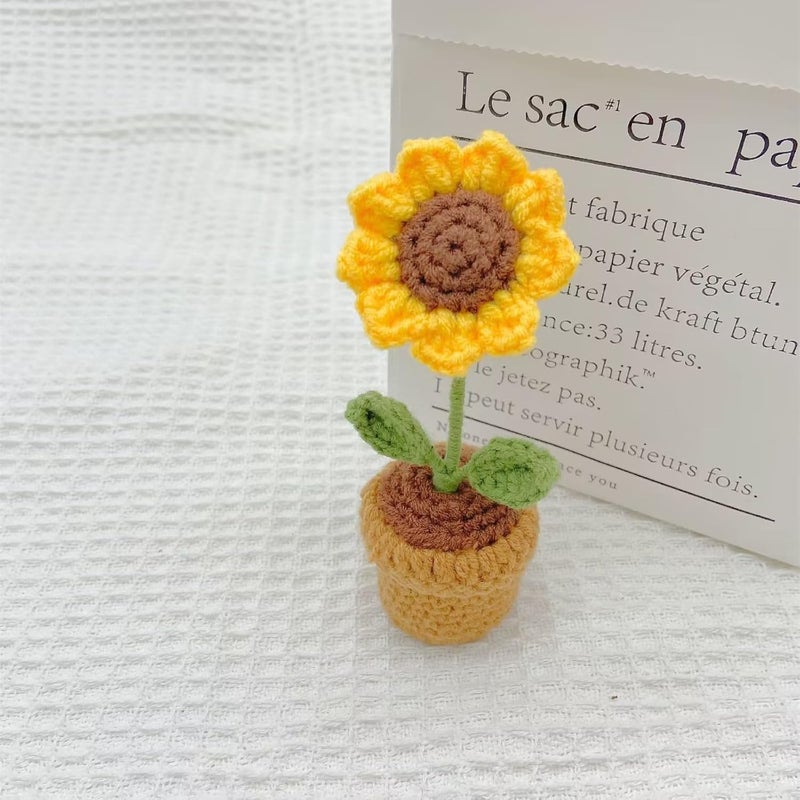 Yangshine 4 Pack Mini Artificial Flowers in Potted Handmade Crochet Sunflower Daisy Tulip for Home Office Car Color #10 - Image 3
