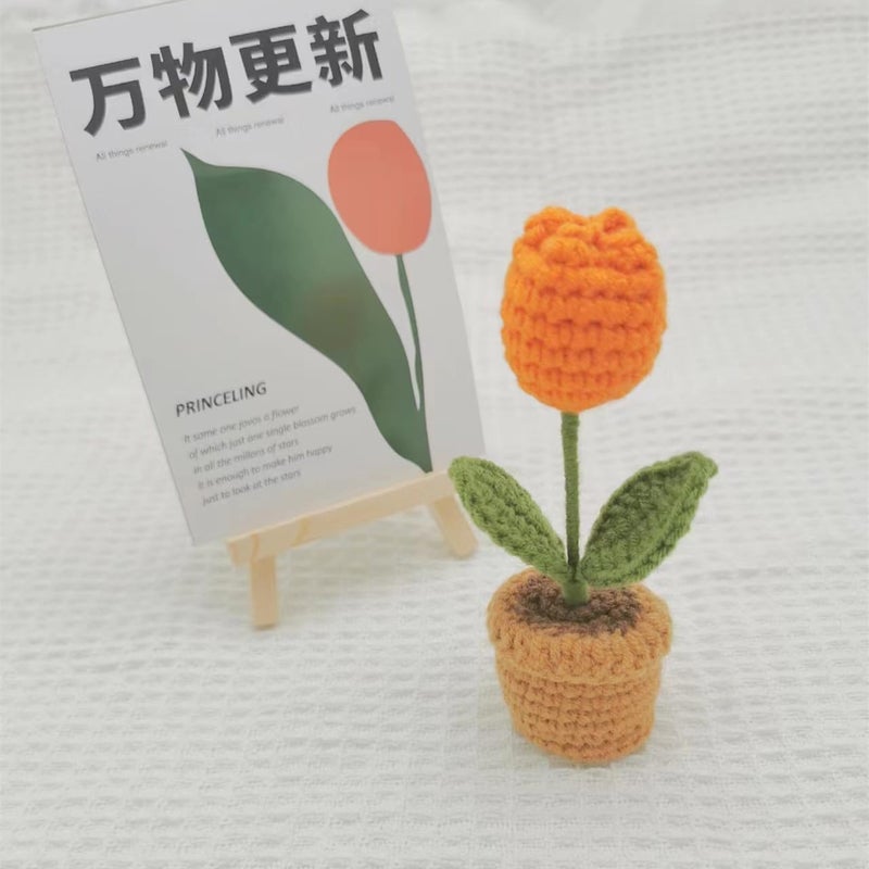 Yangshine 4 Pack Mini Artificial Flowers in Potted Handmade Crochet Sunflower Daisy Tulip for Home Office Car Color #10 - Image 2