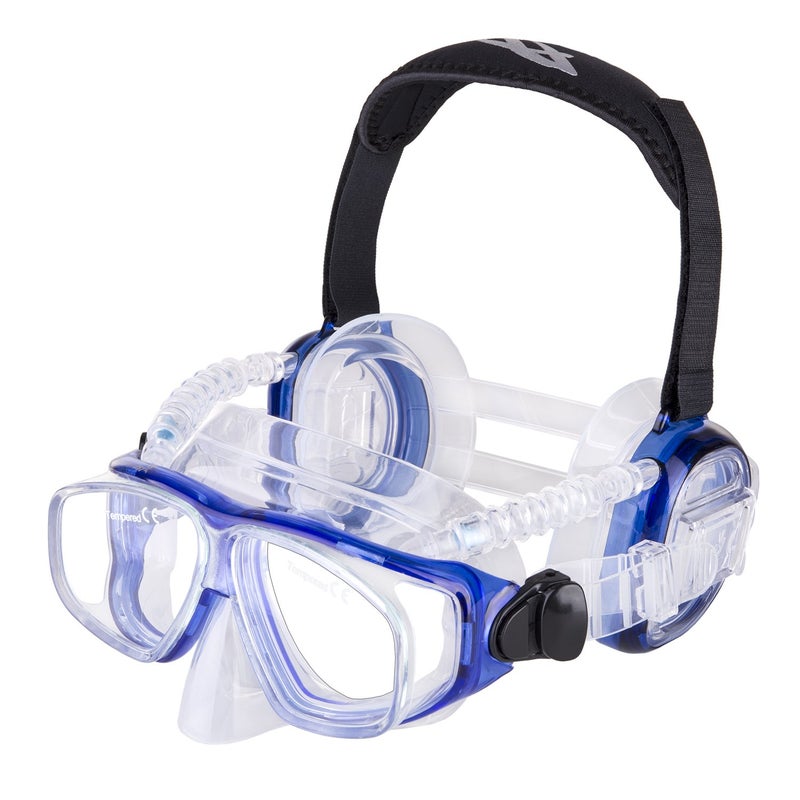 IST ProEar Dive Mask with Ear Covers Scuba Diving Pressure Equalization Gear Tempered Glass Twin Lens Blue