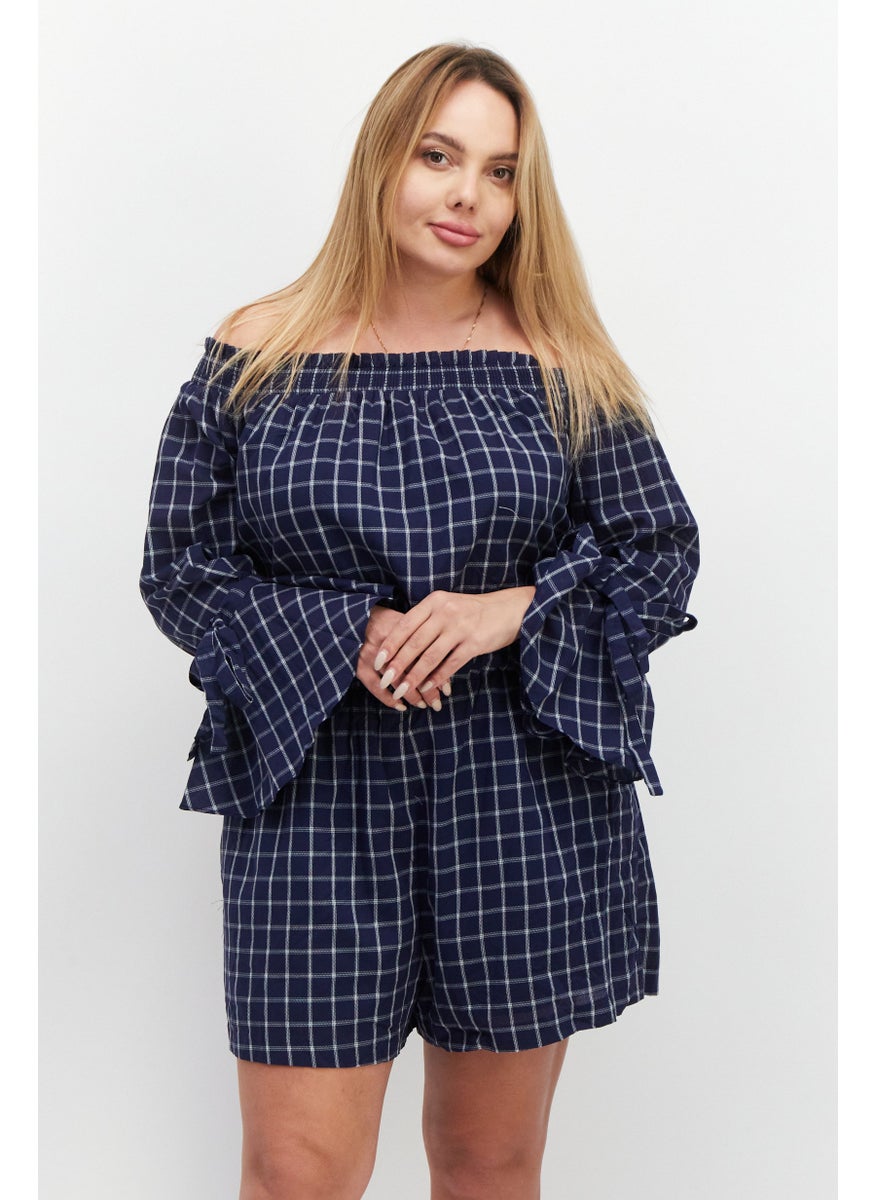 VERO MODA Women Grid Pattern Bell Sleeve Playsuit, Navy Combo  - Image 1