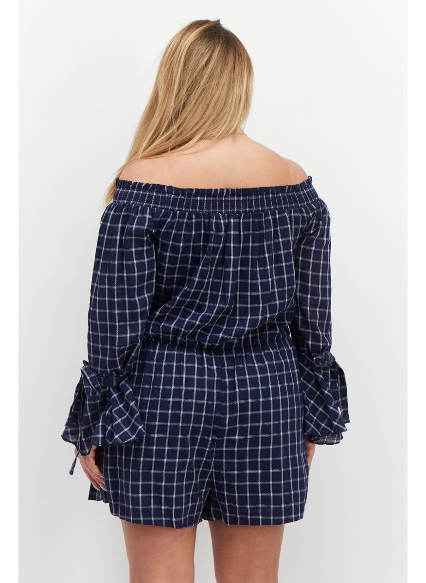 VERO MODA Women Grid Pattern Bell Sleeve Playsuit, Navy Combo  - Image 2