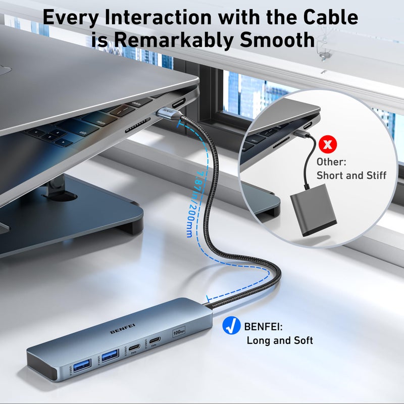 BENFEI USB C HUB 6-in-1 with HDMI(4K@60Hz), 100W Power Delivery, 10Gbps 2*USB-A and 2*USB-C, Silicone Cable, Aluminum Case Compatible with iPhone 15 Pro/Max, MacBook, iPad Pro, iMac, S23, XPS17 - Image 3
