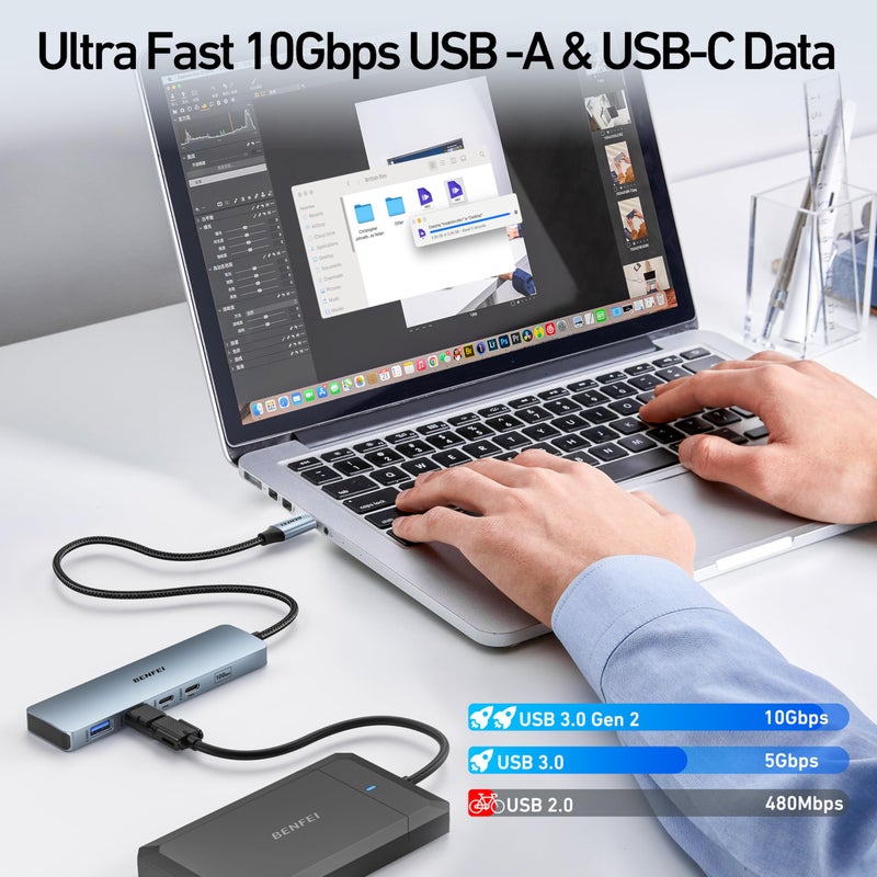 BENFEI USB C HUB 6-in-1 with HDMI(4K@60Hz), 100W Power Delivery, 10Gbps 2*USB-A and 2*USB-C, Silicone Cable, Aluminum Case Compatible with iPhone 15 Pro/Max, MacBook, iPad Pro, iMac, S23, XPS17 - Image 5