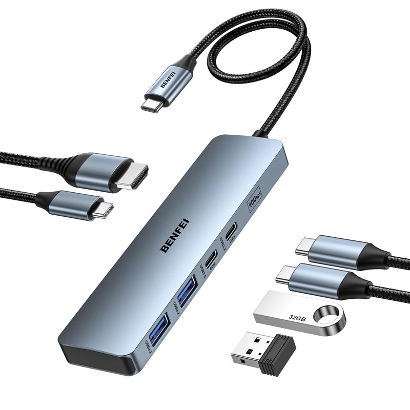 BENFEI USB C HUB 6-in-1 with HDMI(4K@60Hz), 100W Power Delivery, 10Gbps 2*USB-A and 2*USB-C, Silicone Cable, Aluminum Case Compatible with iPhone 15 Pro/Max, MacBook, iPad Pro, iMac, S23, XPS17 - Image 1