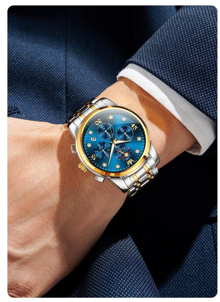 OLEVS - Men's Watch with Four-Dial Design, Business Style, Stainless Steel Strap, Dual Time Zones, Moon Phase Display, Luminous Hands, and Water Resistance - Image 1