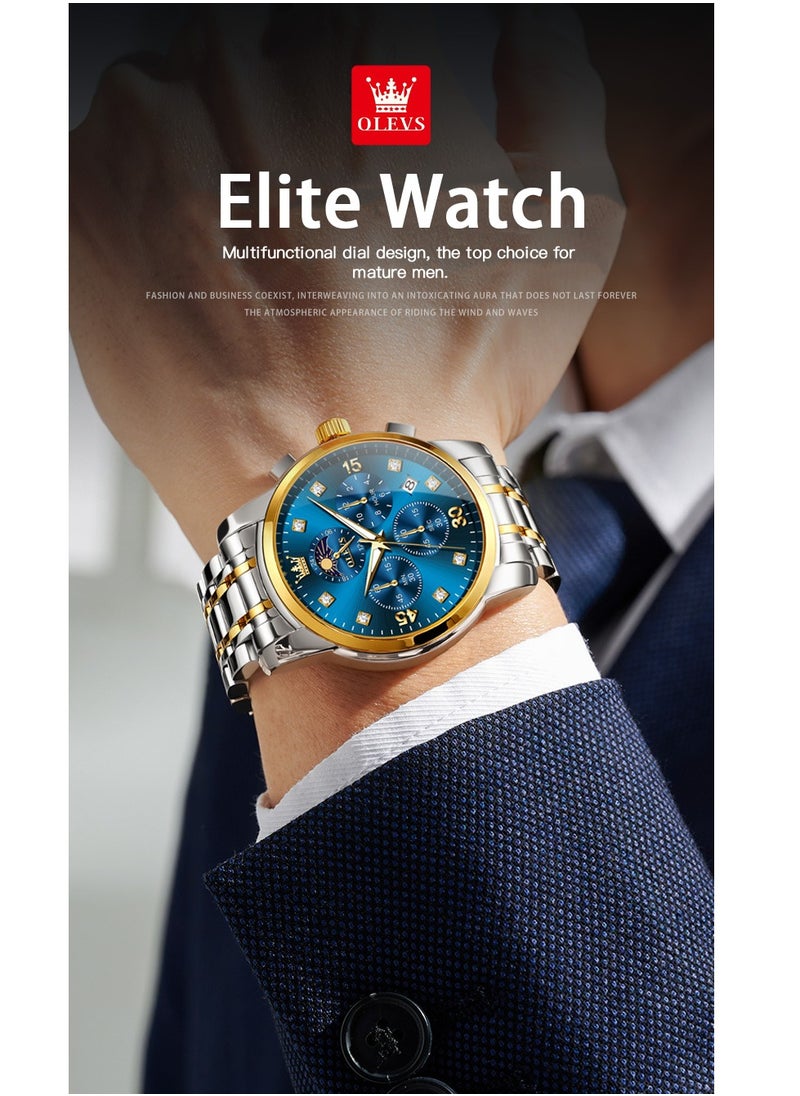 OLEVS - Men's Watch with Four-Dial Design, Business Style, Stainless Steel Strap, Dual Time Zones, Moon Phase Display, Luminous Hands, and Water Resistance - Image 1