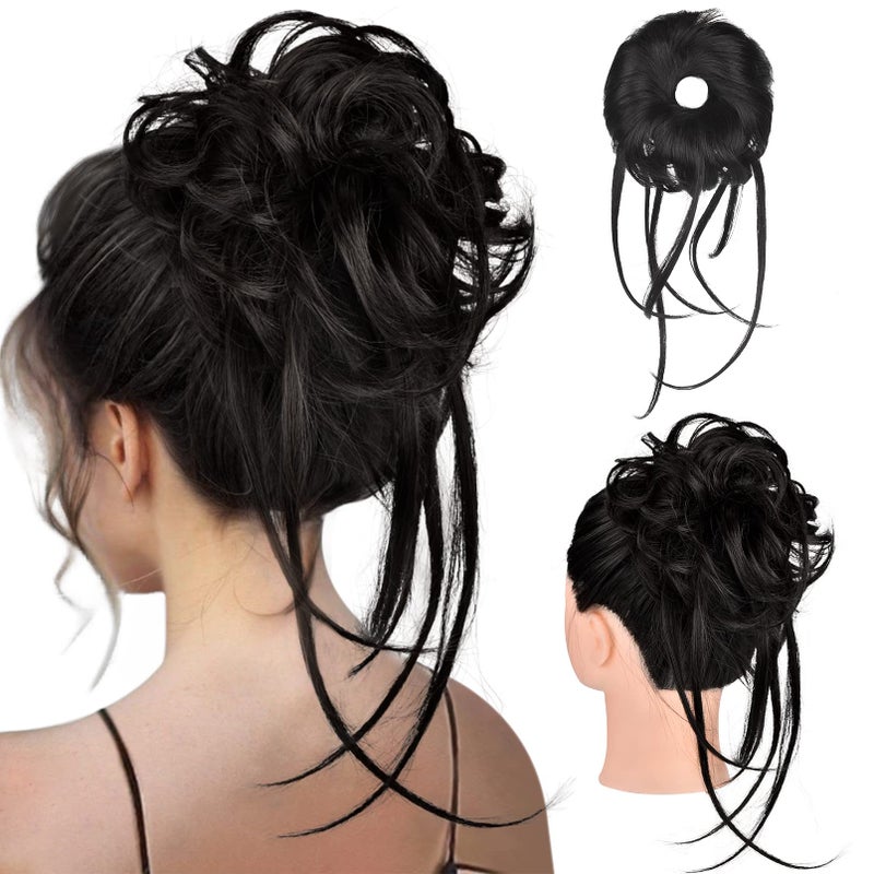 HOOJIH Messy Bun Hair Piece, Super Long Tousled Updo Bun Extensions Wavy Hair Wrap Ponytail Hairpieces Scrunchies with Elastic Hair Band for Women HB007 Grace - Off Black - Image 1