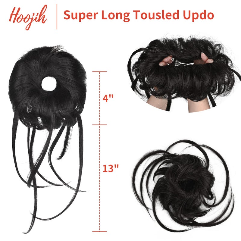HOOJIH Messy Bun Hair Piece, Super Long Tousled Updo Bun Extensions Wavy Hair Wrap Ponytail Hairpieces Scrunchies with Elastic Hair Band for Women HB007 Grace - Off Black - Image 2