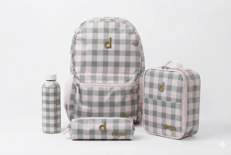 Depo Depo 4-Piece School Backpack Set – Pink & Grey Checkered | 44cm Backpack with Lunch Bag, Pencil Case & 500ml Water Bottle