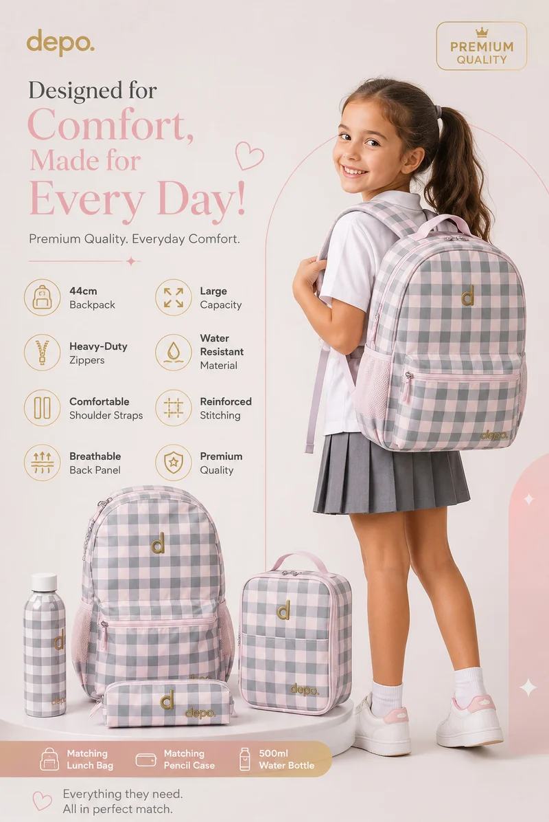 Depo Depo 4-Piece School Backpack Set – Pink & Grey Checkered | 44cm Backpack with Lunch Bag, Pencil Case & 500ml Water Bottle