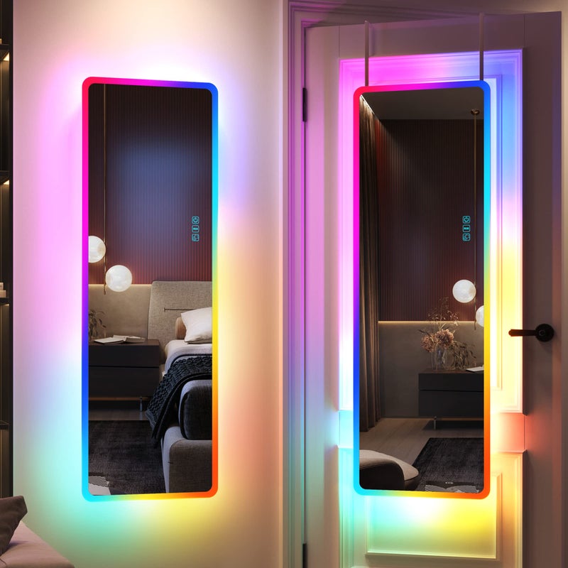 مرآة كاملة الطول LED RGB مع أضواء مرآة مضاءة مثبتة على الحائط مرآة معلقة فوق الباب 14 ضوء LED قابل للتعتيم قابل للتعديل 47 × 16